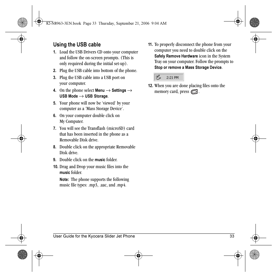 Using the usb cable | Kyocera SLIDER JET KX18 User Manual | Page 39 / 80
