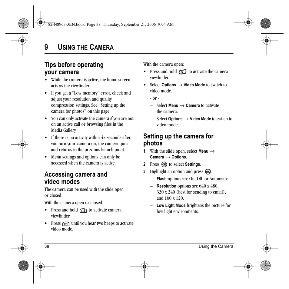 Tips before operating your camera, Accessing camera and video modes, Setting up the camera for photos | Sing, Amera | Kyocera SLIDER JET KX18 User Manual | Page 44 / 80