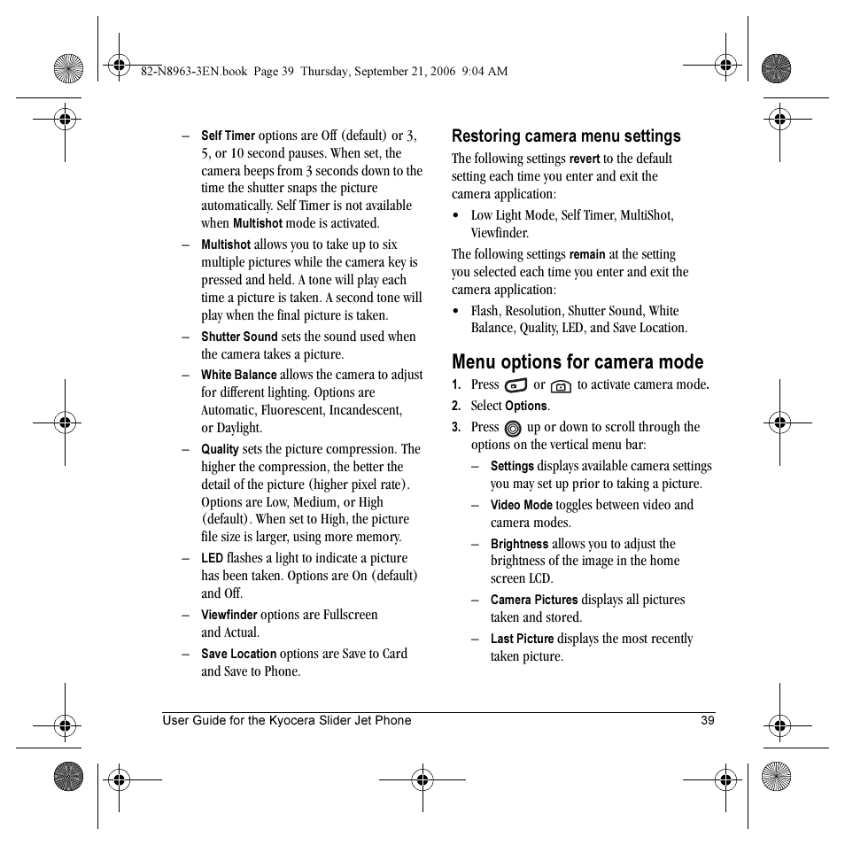 Menu options for camera mode, Restoring camera menu settings | Kyocera SLIDER JET KX18 User Manual | Page 45 / 80