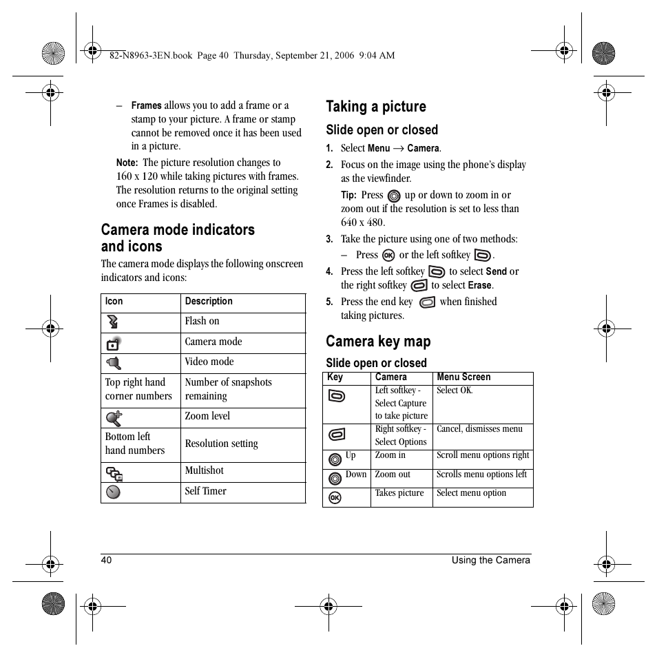 Camera mode indicators and icons, Taking a picture, Camera key map | Slide open or closed | Kyocera SLIDER JET KX18 User Manual | Page 46 / 80