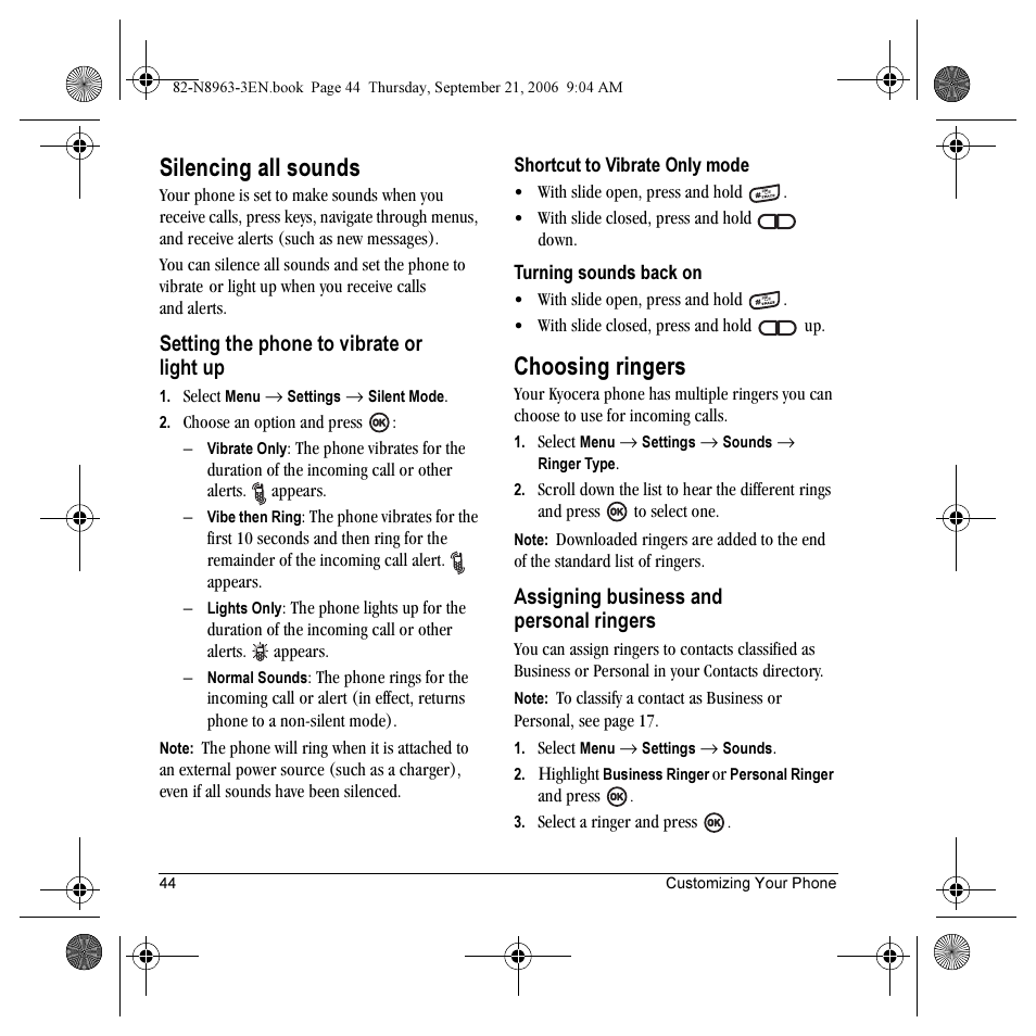 Silencing all sounds, Choosing ringers | Kyocera SLIDER JET KX18 User Manual | Page 50 / 80