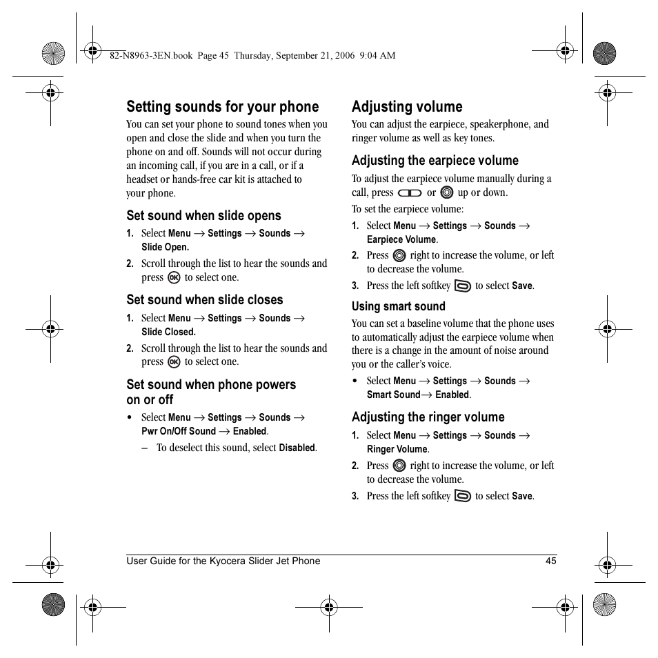 Setting sounds for your phone, Adjusting volume, Set sound when slide opens | Set sound when slide closes, Set sound when phone powers on or off, Adjusting the earpiece volume, Adjusting the ringer volume | Kyocera SLIDER JET KX18 User Manual | Page 51 / 80