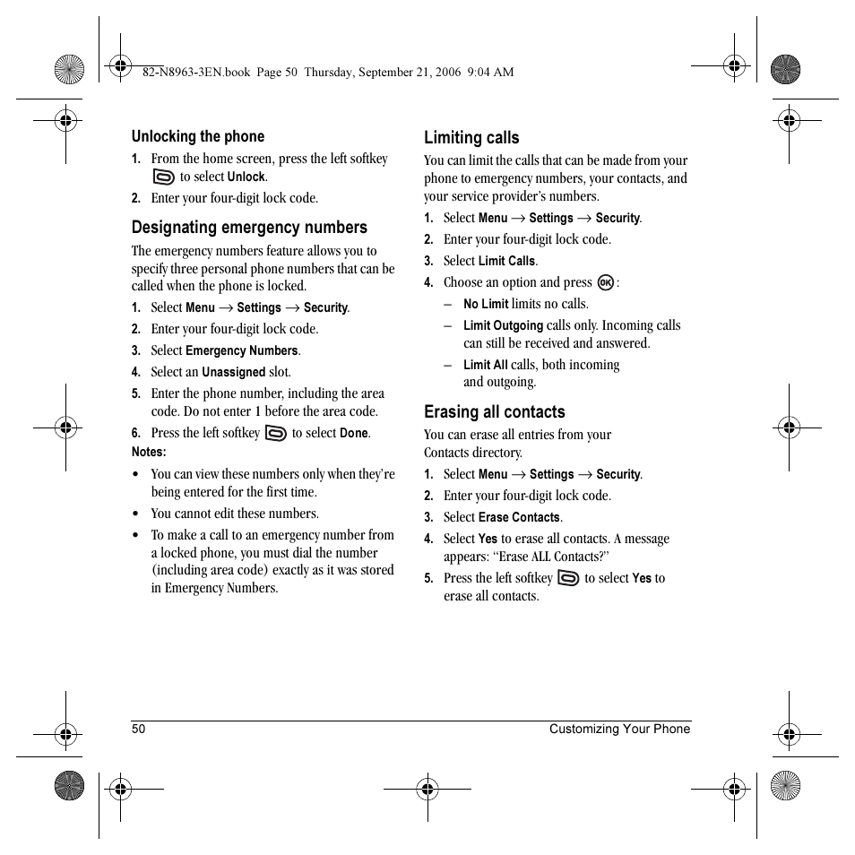 Designating emergency numbers, Limiting calls, Erasing all contacts | Kyocera SLIDER JET KX18 User Manual | Page 56 / 80