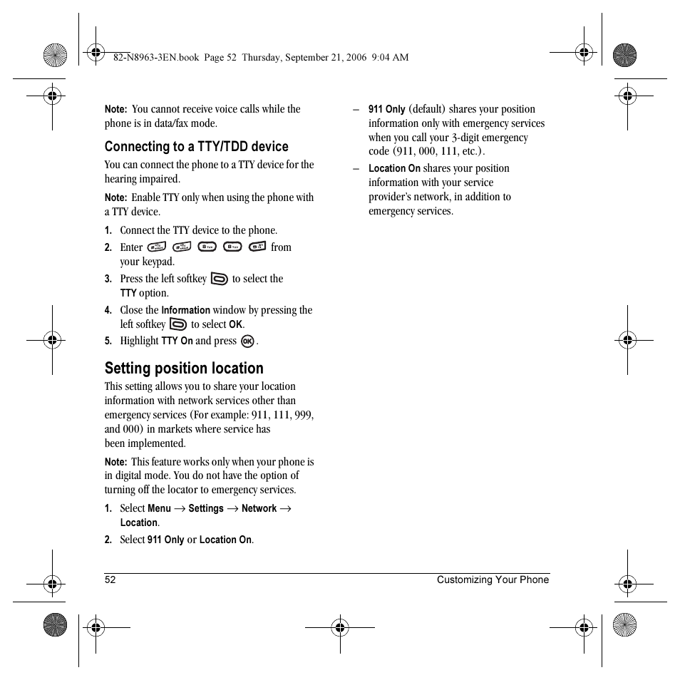 Setting position location, Connecting to a tty/tdd device | Kyocera SLIDER JET KX18 User Manual | Page 58 / 80