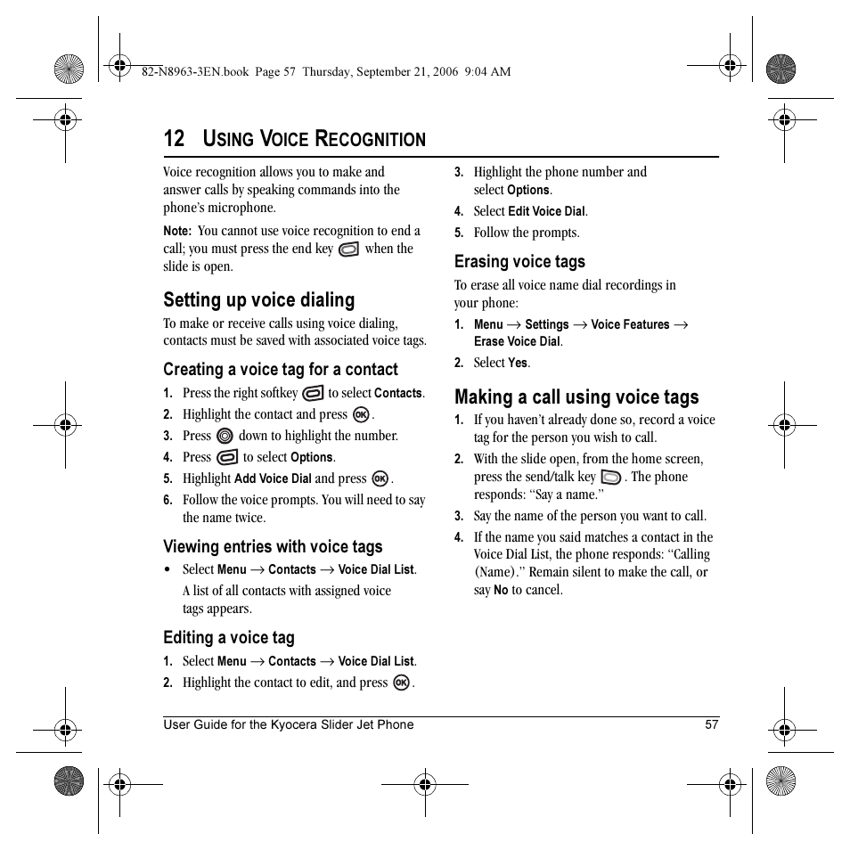 12 u, Setting up voice dialing, Making a call using voice tags | Sing, Oice, Ecognition | Kyocera SLIDER JET KX18 User Manual | Page 63 / 80
