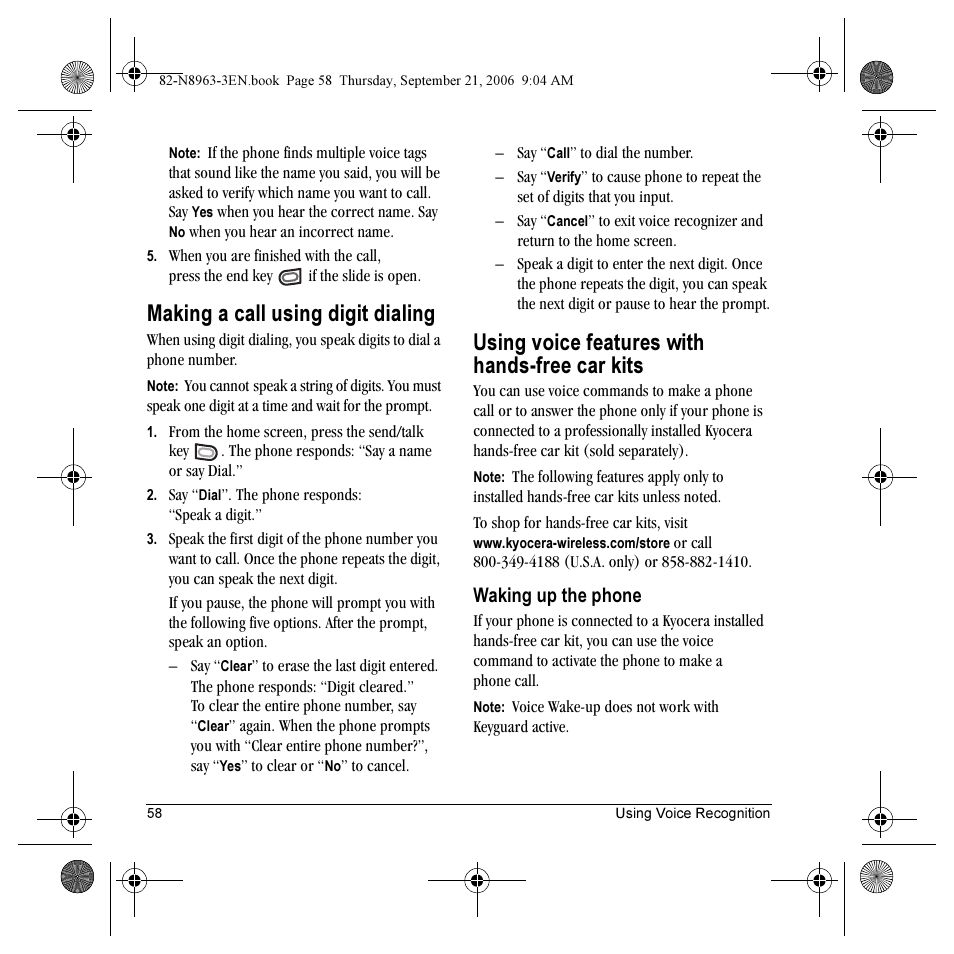Making a call using digit dialing, Using voice features with hands-free car kits, Waking up the phone | Kyocera SLIDER JET KX18 User Manual | Page 64 / 80