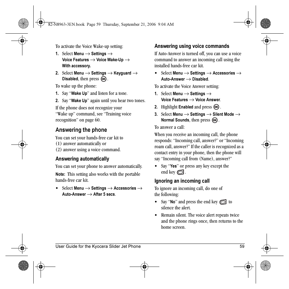 Answering the phone | Kyocera SLIDER JET KX18 User Manual | Page 65 / 80