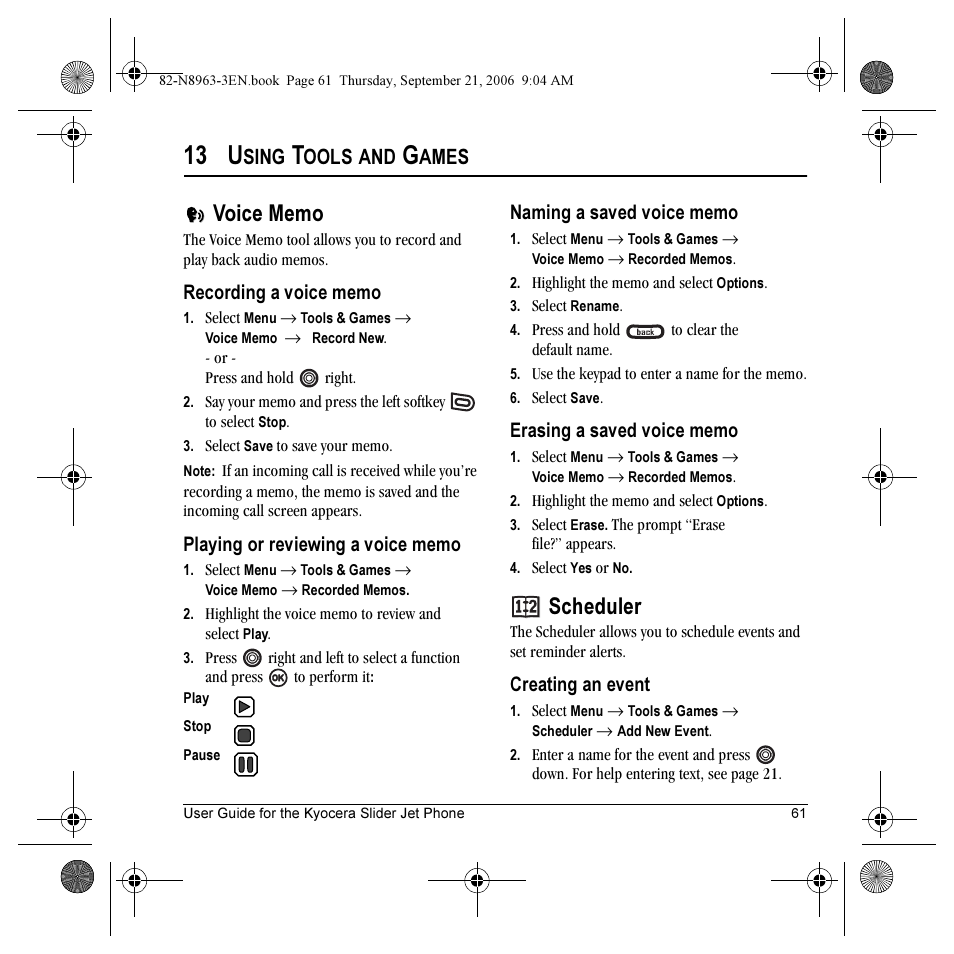 13 u, Scheduler, Sing | Ools, Ames | Kyocera SLIDER JET KX18 User Manual | Page 67 / 80
