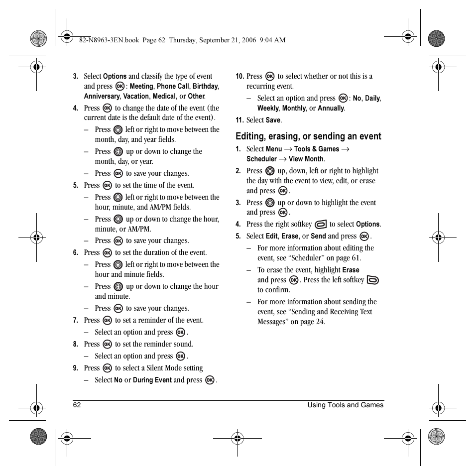 Editing, erasing, or sending an event | Kyocera SLIDER JET KX18 User Manual | Page 68 / 80