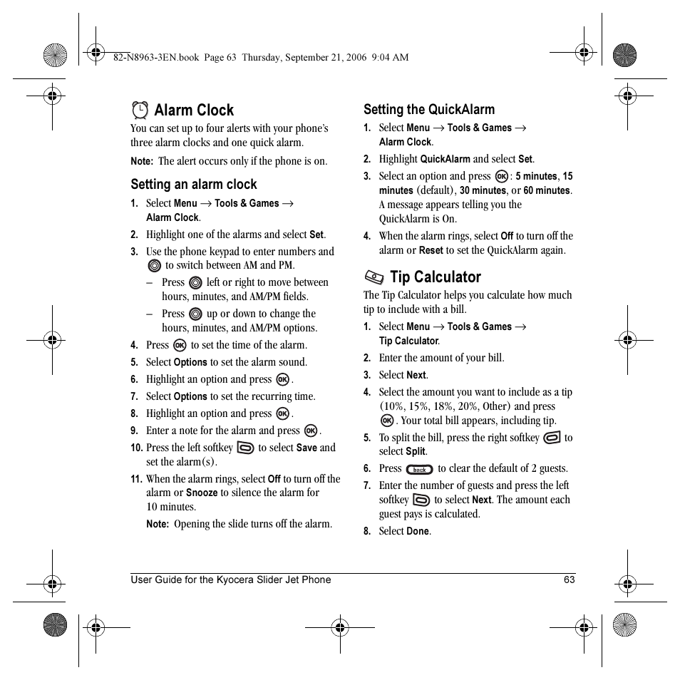 Alarm clock, Tip calculator, Setting an alarm clock | Setting the quickalarm | Kyocera SLIDER JET KX18 User Manual | Page 69 / 80