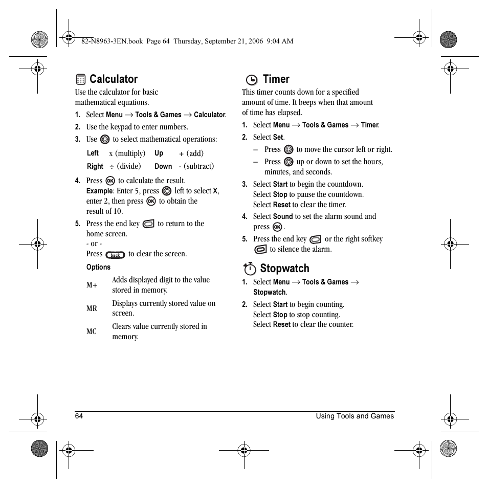 Calculator, Timer, Stopwatch | Kyocera SLIDER JET KX18 User Manual | Page 70 / 80