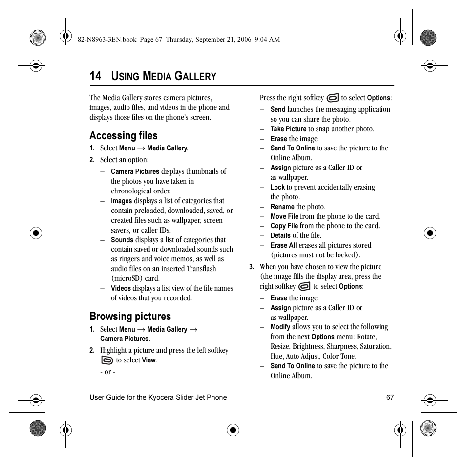 14 u, Accessing files, Browsing pictures | Sing, Edia, Allery | Kyocera SLIDER JET KX18 User Manual | Page 73 / 80