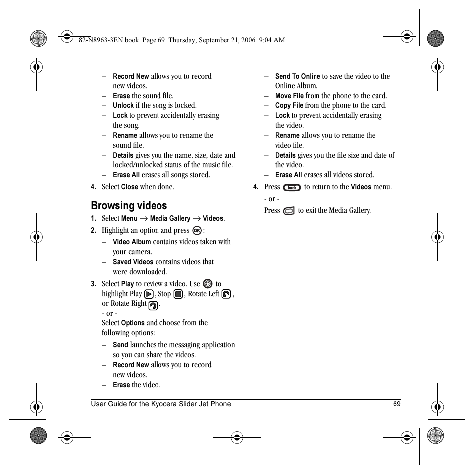 Browsing videos | Kyocera SLIDER JET KX18 User Manual | Page 75 / 80
