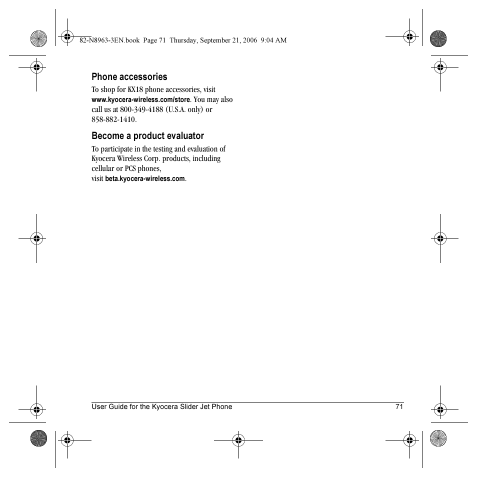 Phone accessories, Become a product evaluator | Kyocera SLIDER JET KX18 User Manual | Page 77 / 80