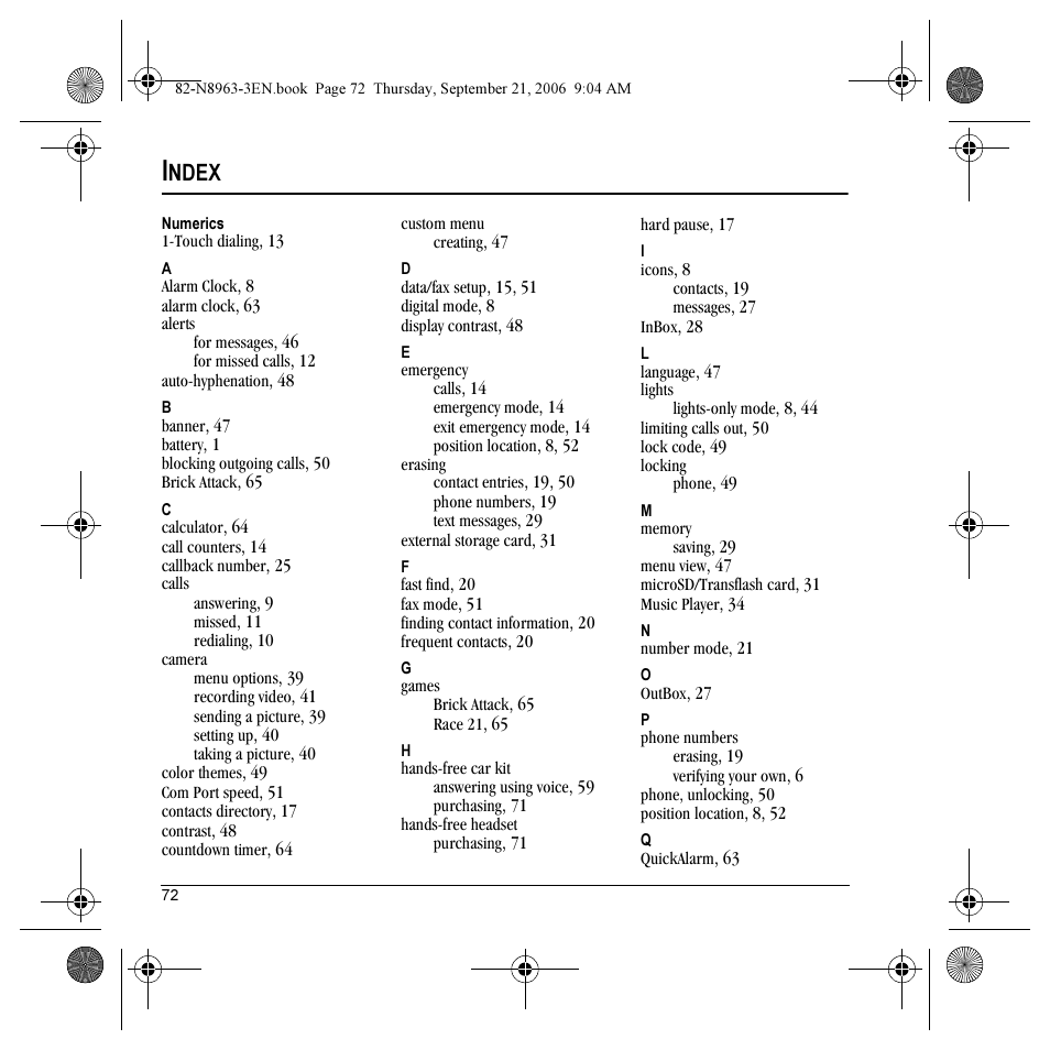 Ndex | Kyocera SLIDER JET KX18 User Manual | Page 78 / 80