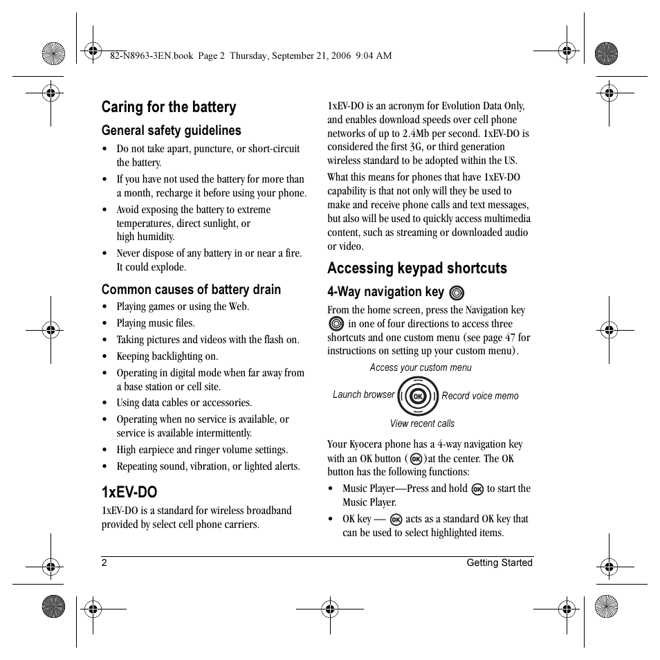 Caring for the battery, 1xev-do, Accessing keypad shortcuts | Kyocera SLIDER JET KX18 User Manual | Page 8 / 80