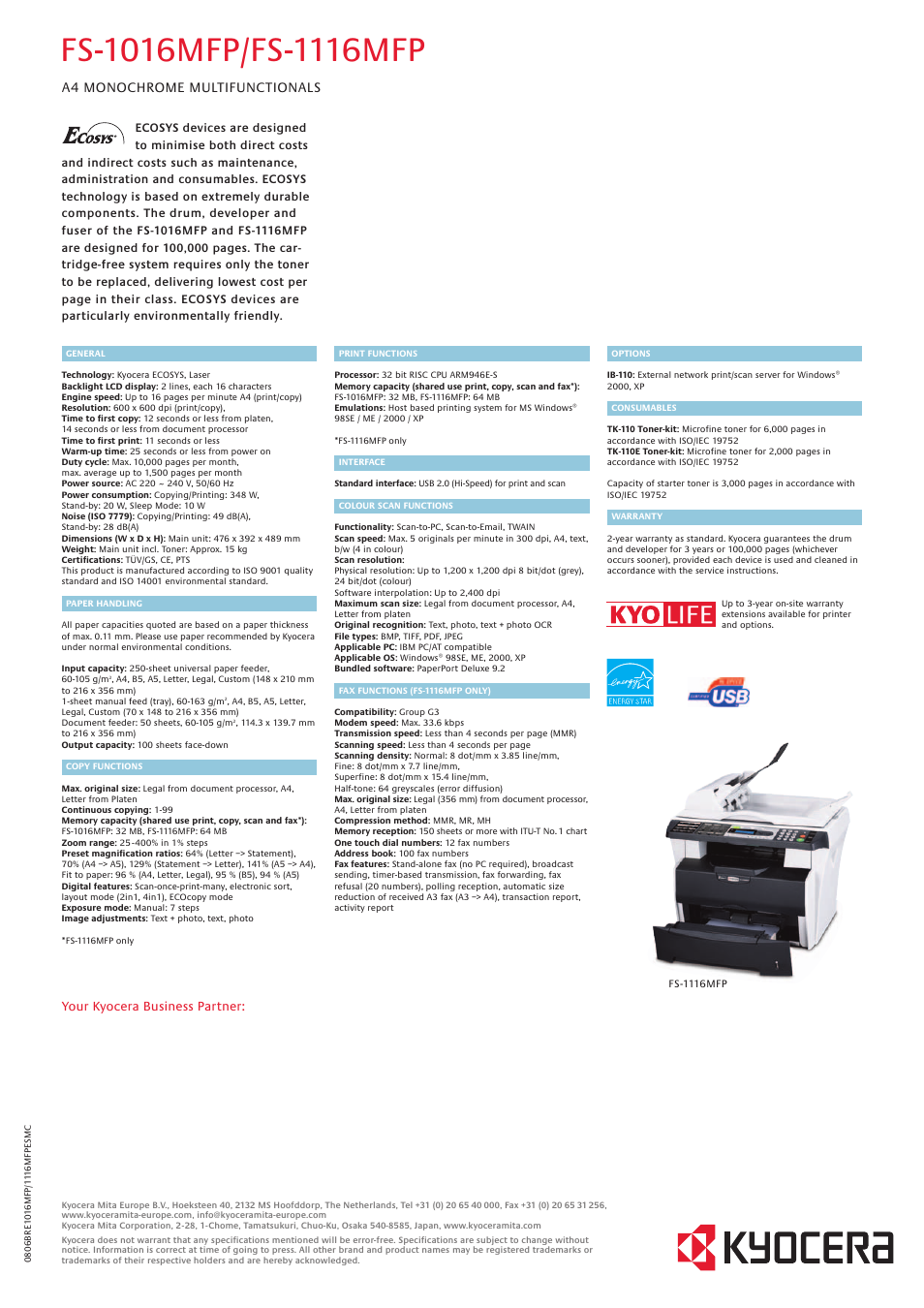 A4 monochrome multifunctionals | Kyocera FS-1016MFP User Manual | Page 4 / 4