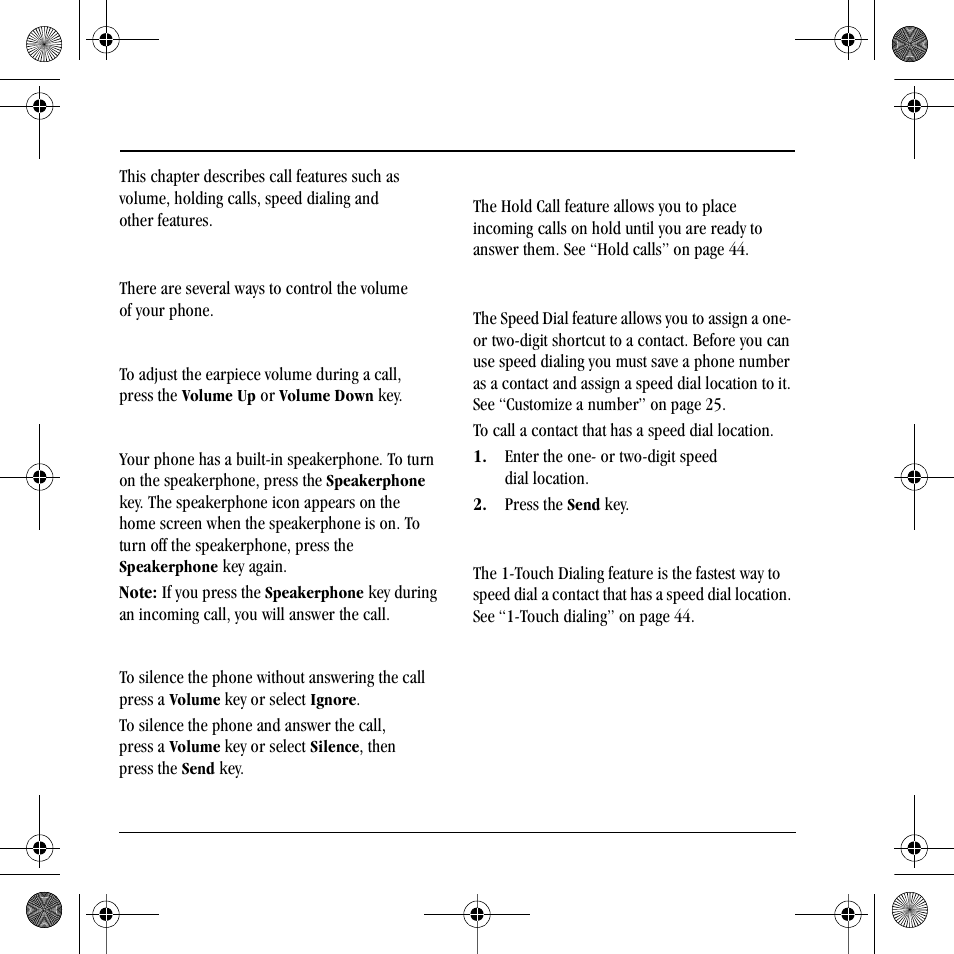 3call features, Volume control, Hold call | Speed dialing, Touch dialing | Kyocera S2410 User Manual | Page 18 / 72