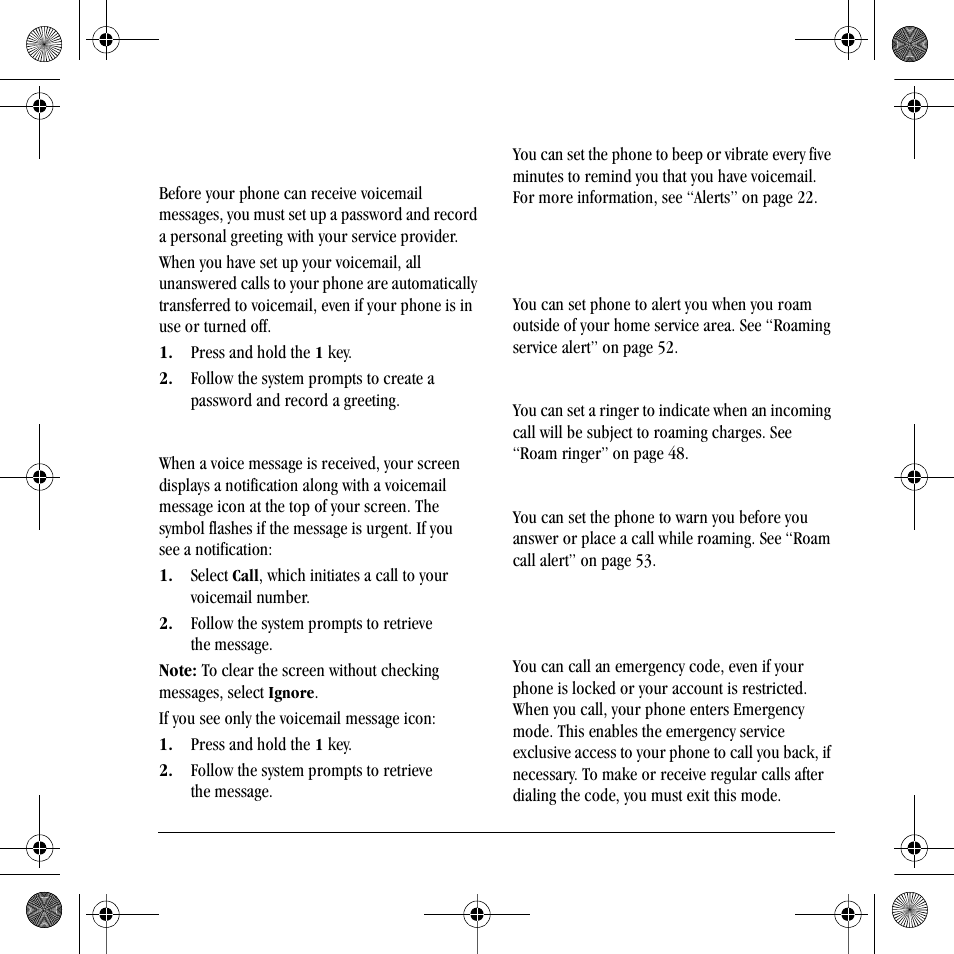 Voicemail, Roaming calls, Emergency services | Kyocera S2410 User Manual | Page 19 / 72
