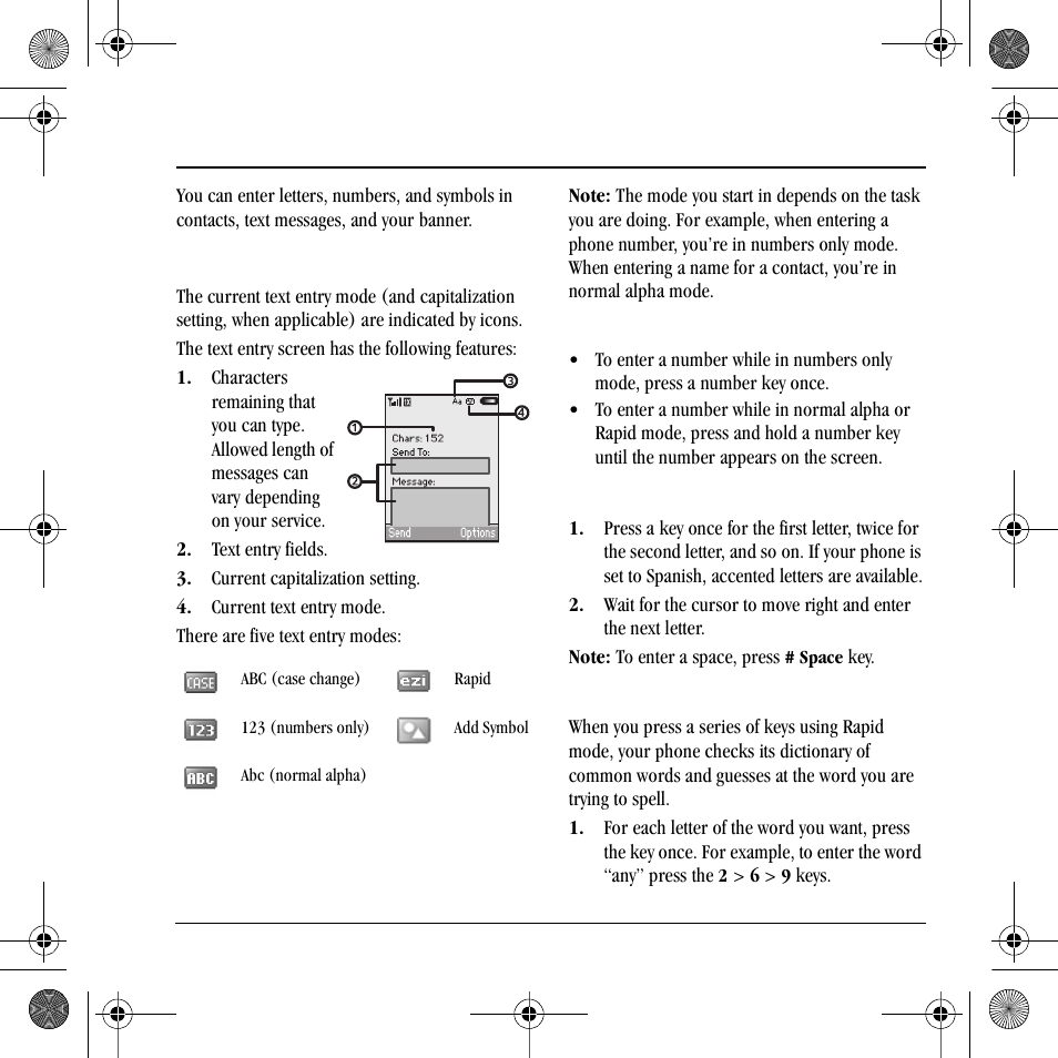 4text entry, Text entry modes | Kyocera S2410 User Manual | Page 21 / 72