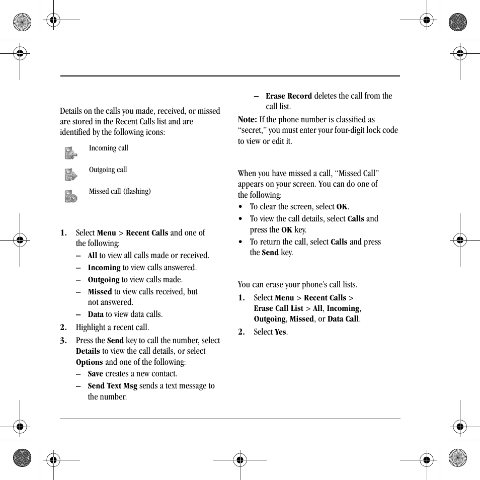 5recent calls, Call lists | Kyocera S2410 User Manual | Page 24 / 72
