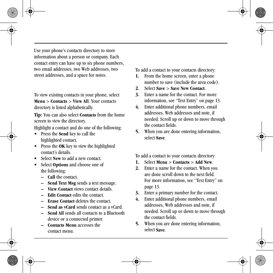 7contacts, View contacts directory, Add contacts | Kyocera S2410 User Manual | Page 32 / 72