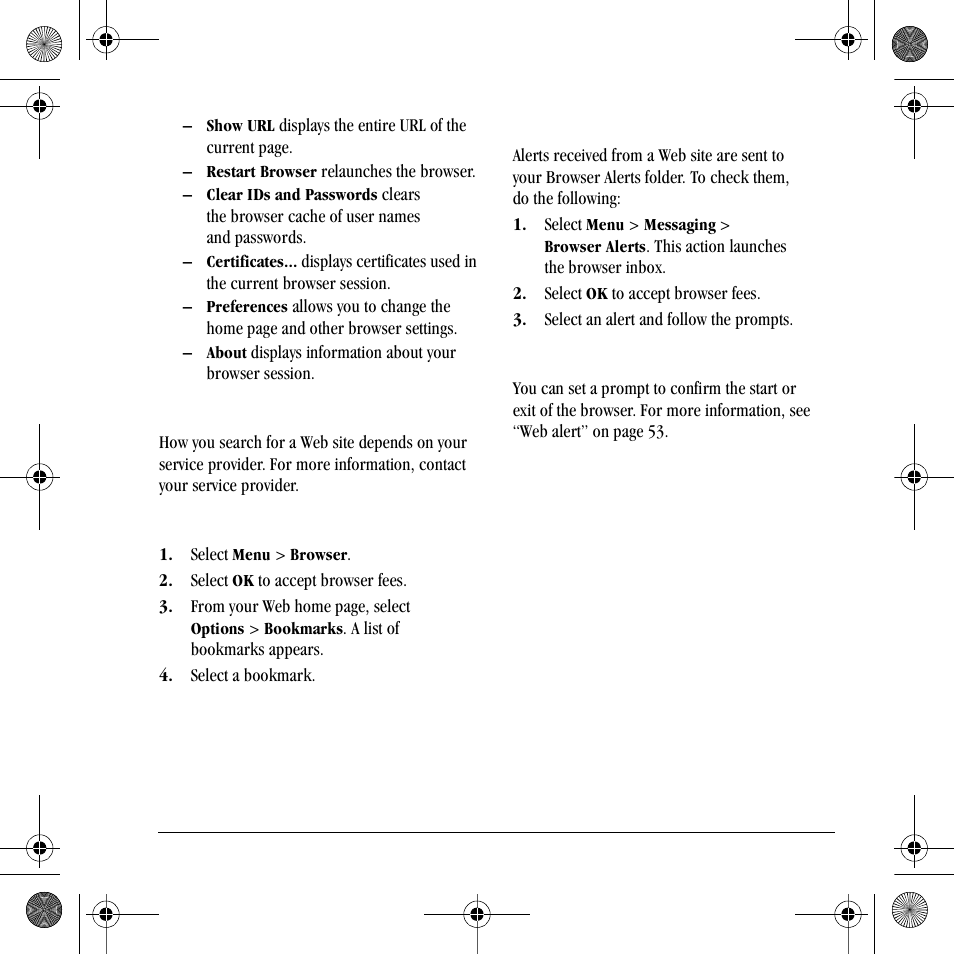 Search for a web site, Use a bookmark, Check browser alerts | Set web alert | Kyocera S2410 User Manual | Page 39 / 72