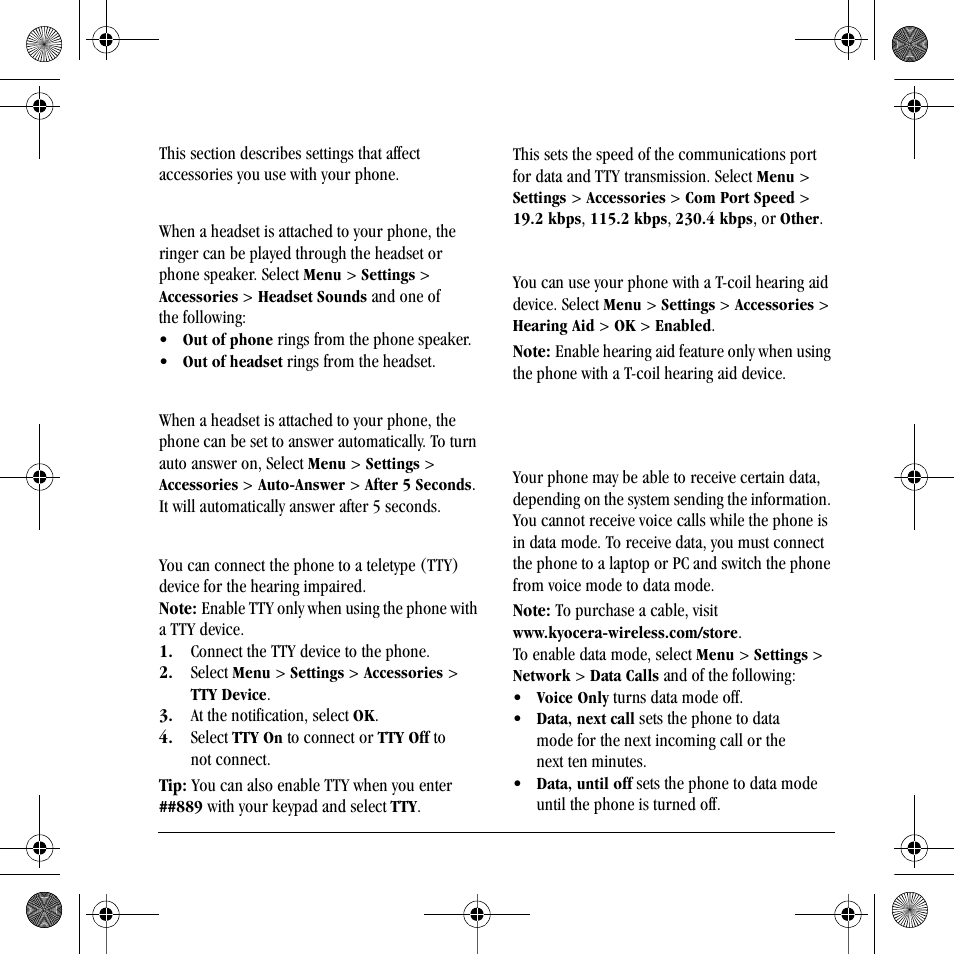 Accessories, Network | Kyocera S2410 User Manual | Page 59 / 72