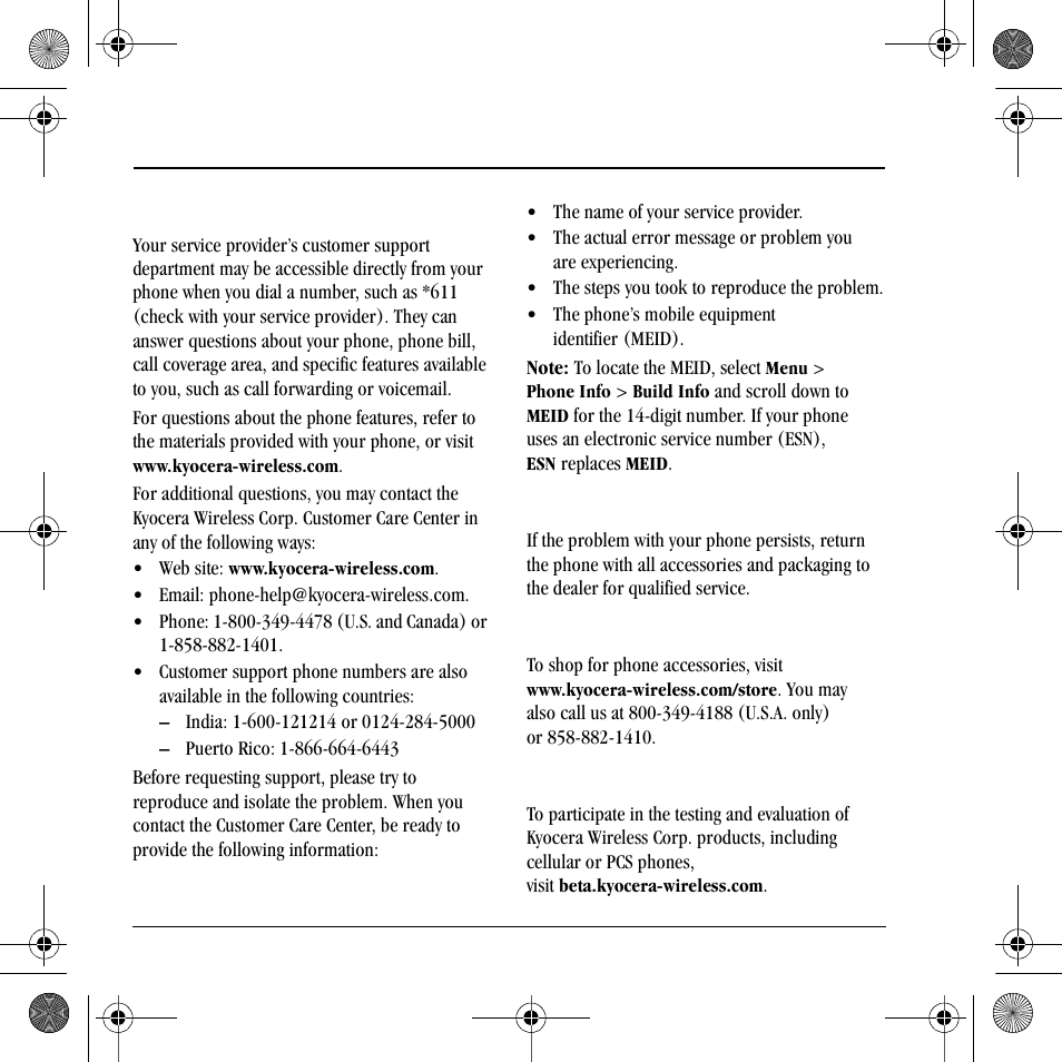 14 getting help, Customer support, Qualified service | Phone accessories, Become a product evaluator | Kyocera S2410 User Manual | Page 66 / 72