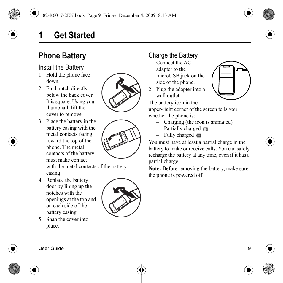 1get started, Phone battery | Kyocera TOMO S2410 User Manual | Page 9 / 72