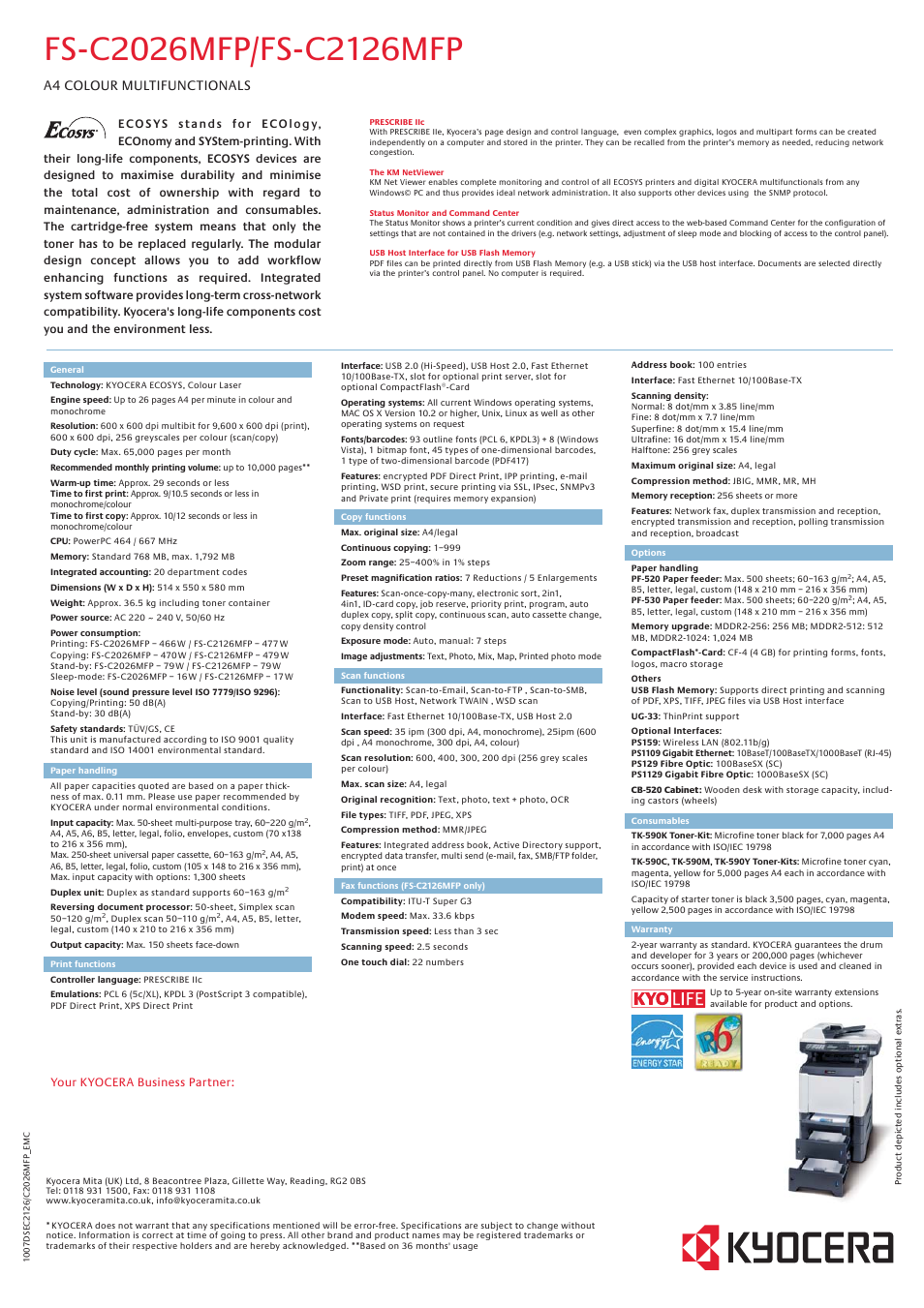 A4 colour multifunctionals | Kyocera FS-C2126MFP User Manual | Page 2 / 2