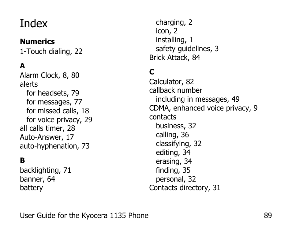 Index | Kyocera 1135 User Manual | Page 101 / 104