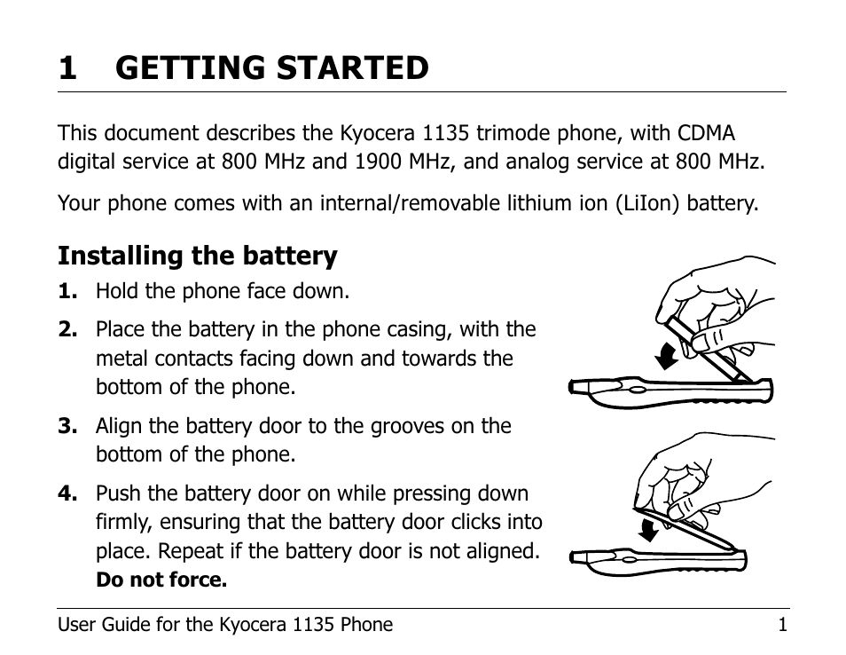 1 getting started, Installing the battery | Kyocera 1135 User Manual | Page 19 / 104