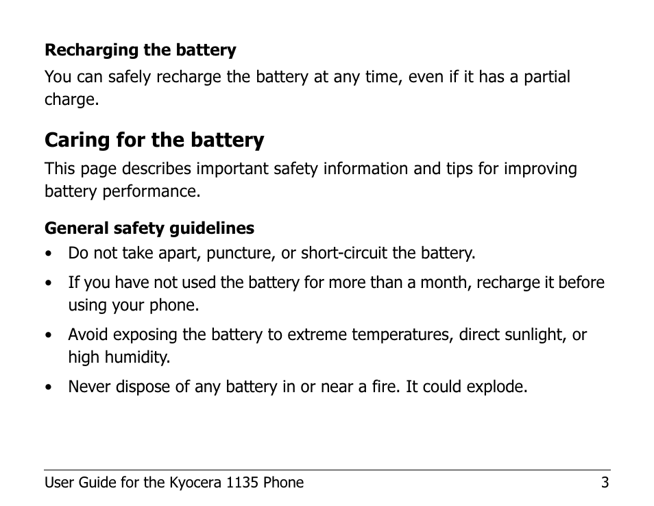 Caring for the battery | Kyocera 1135 User Manual | Page 21 / 104