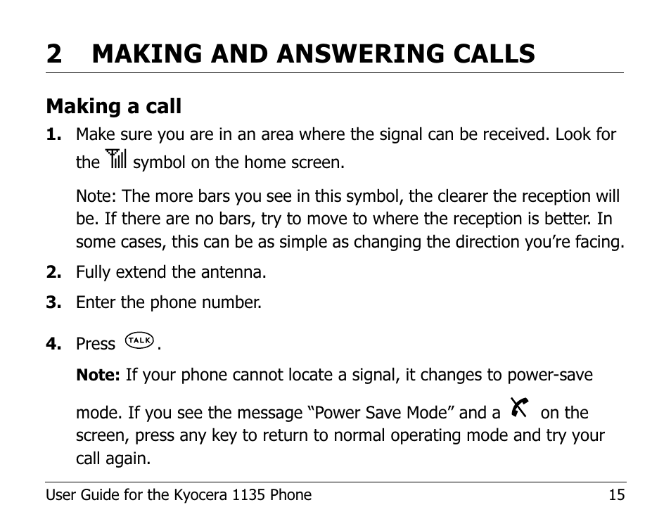 2 making and answering calls, Making a call | Kyocera 1135 User Manual | Page 33 / 104