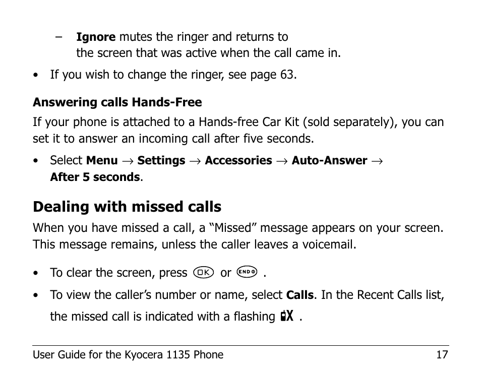 Dealing with missed calls | Kyocera 1135 User Manual | Page 35 / 104