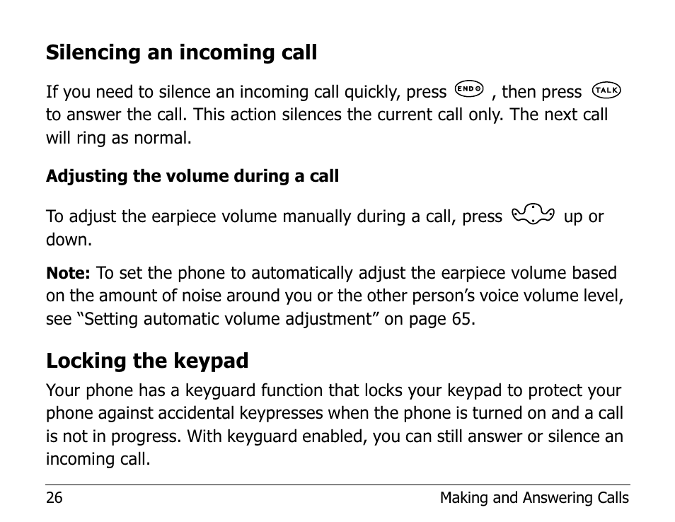 Silencing an incoming call, Locking the keypad | Kyocera 1135 User Manual | Page 44 / 104