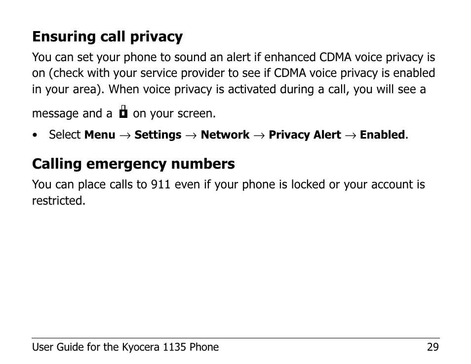 Ensuring call privacy, Calling emergency numbers | Kyocera 1135 User Manual | Page 47 / 104