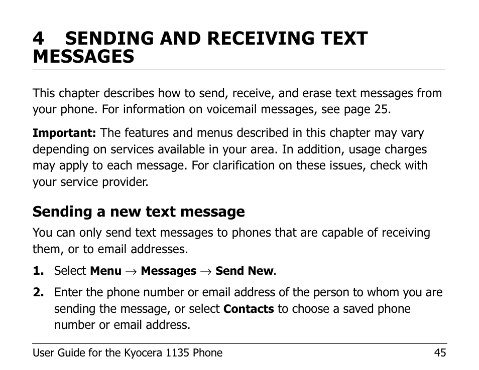 4 sending and receiving text messages, Sending a new text message | Kyocera 1135 User Manual | Page 63 / 104