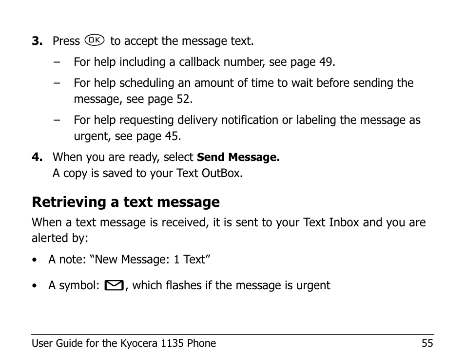 Retrieving a text message | Kyocera 1135 User Manual | Page 73 / 104