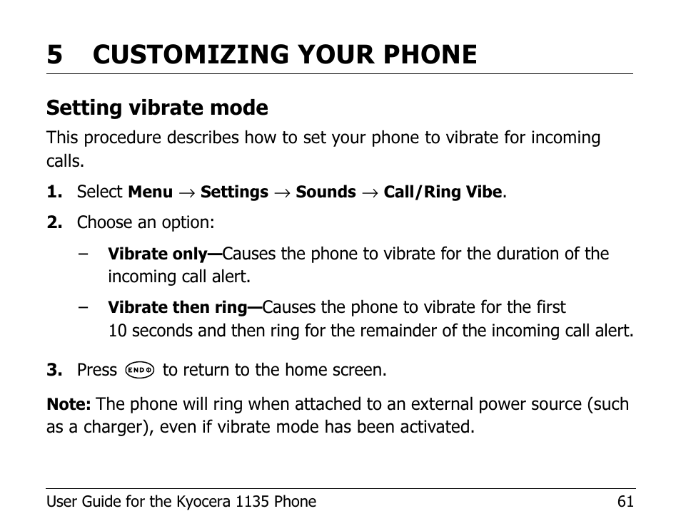 5customizing your phone, Setting vibrate mode | Kyocera 1135 User Manual | Page 79 / 104