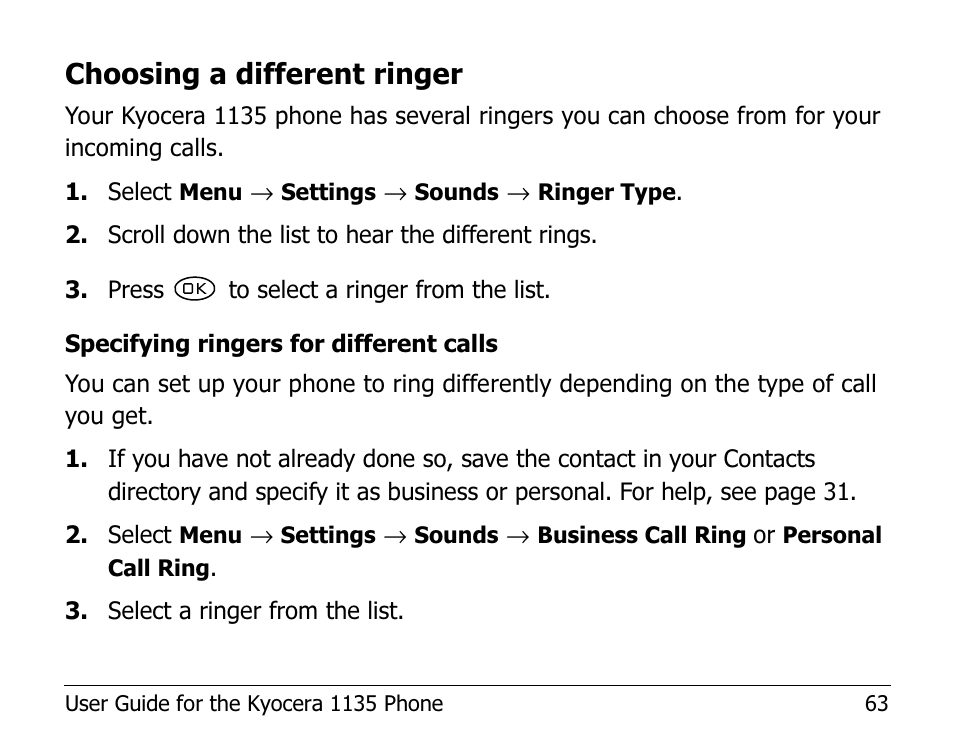 Choosing a different ringer | Kyocera 1135 User Manual | Page 81 / 104