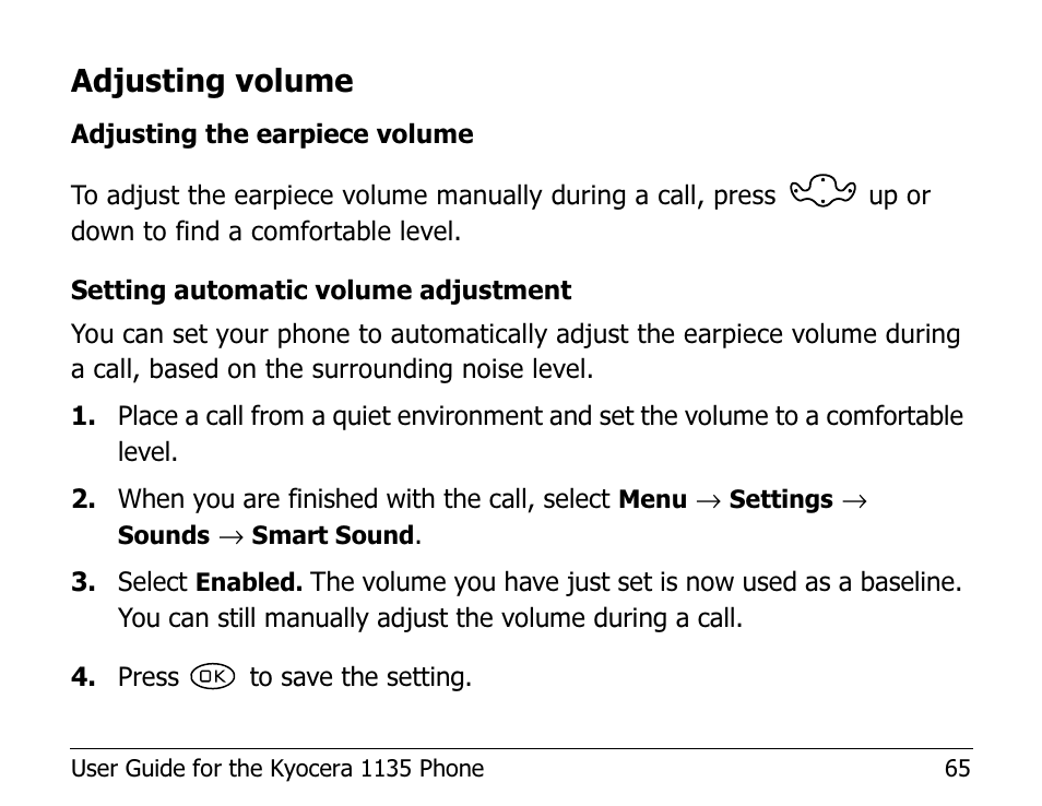 Adjusting volume | Kyocera 1135 User Manual | Page 83 / 104