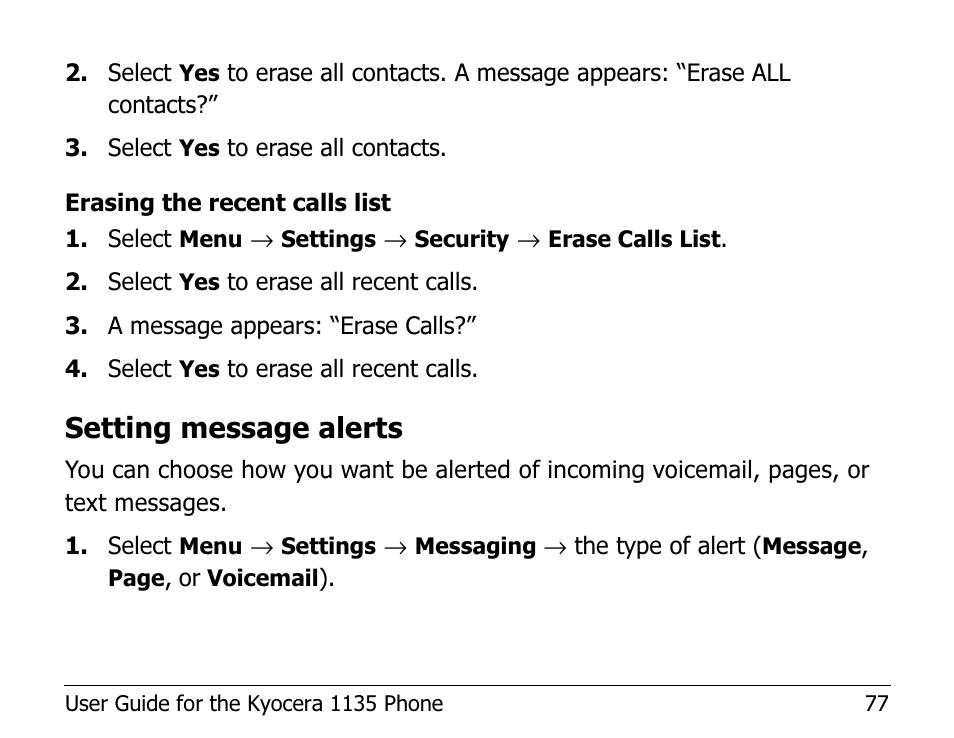 Setting message alerts | Kyocera 1135 User Manual | Page 95 / 104