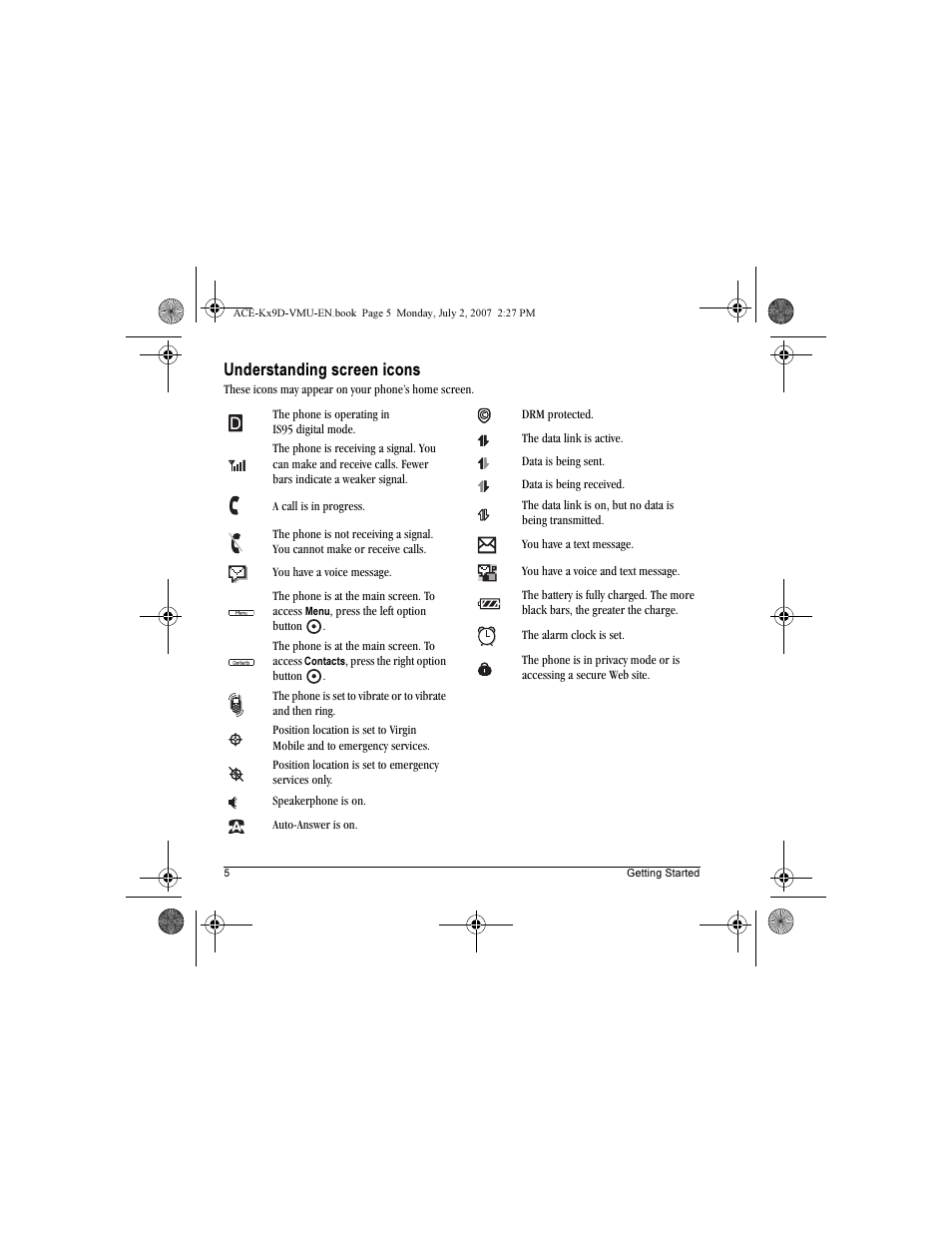 Understanding screen icons | Kyocera OYSTR KX9 User Manual | Page 12 / 64
