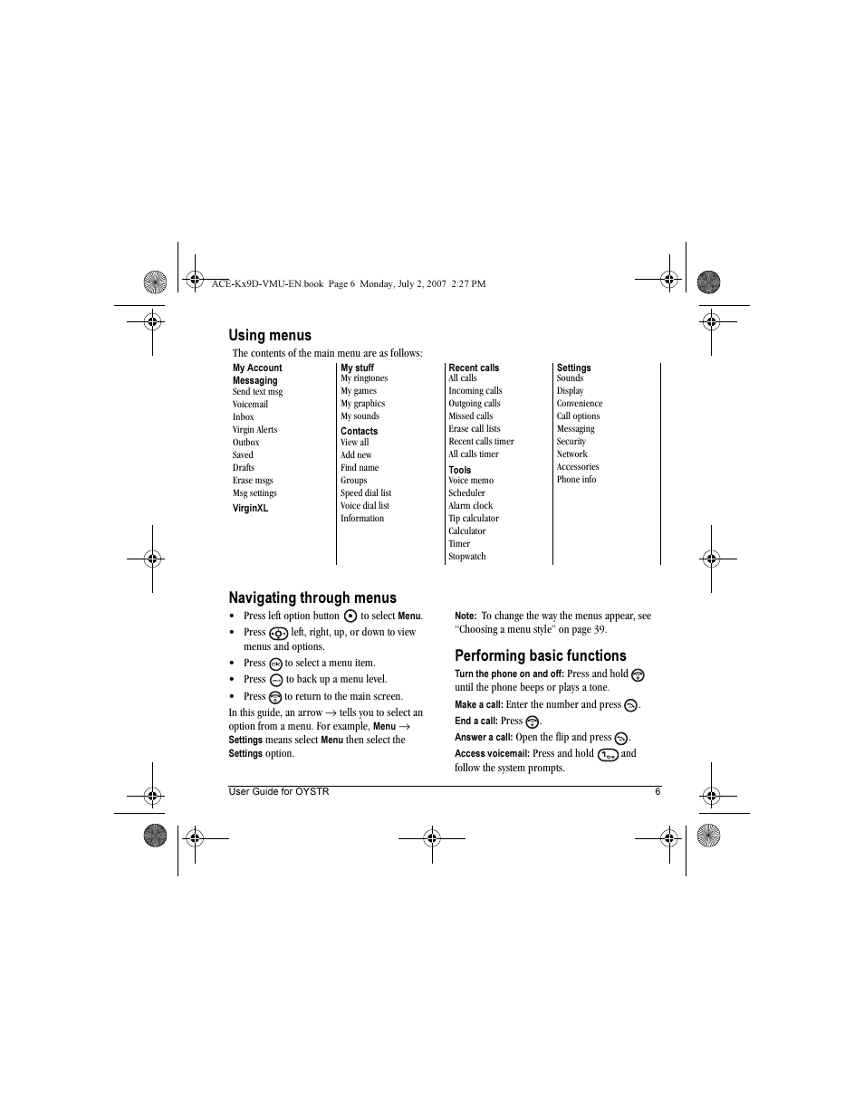 Using menus navigating through menus, Performing basic functions | Kyocera OYSTR KX9 User Manual | Page 13 / 64