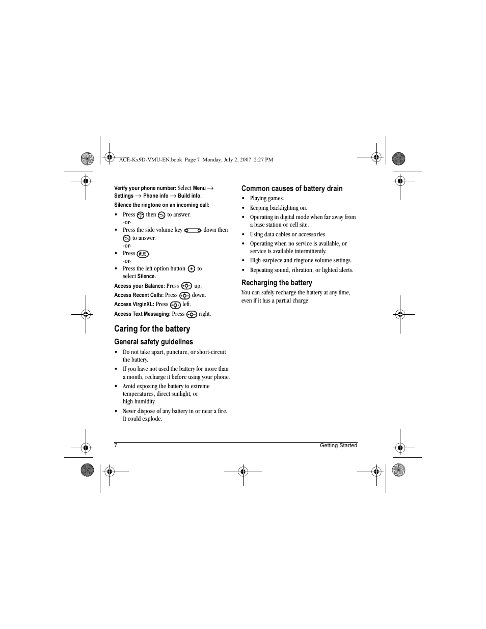 Caring for the battery | Kyocera OYSTR KX9 User Manual | Page 14 / 64