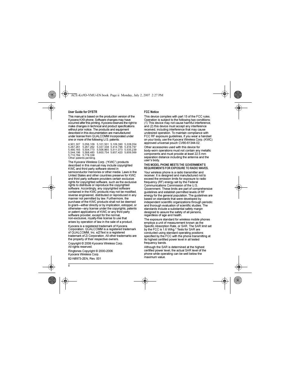 Kyocera OYSTR KX9 User Manual | Page 2 / 64