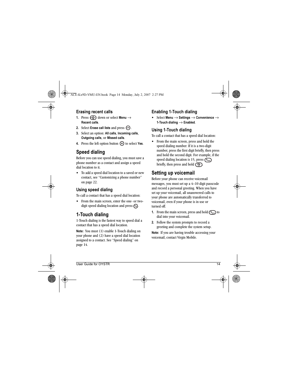 Speed dialing, Touch dialing, Setting up voicemail | Kyocera OYSTR KX9 User Manual | Page 21 / 64