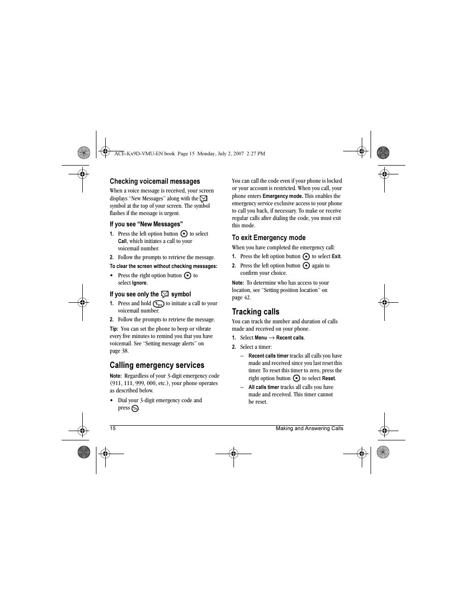 Calling emergency services, Tracking calls | Kyocera OYSTR KX9 User Manual | Page 22 / 64